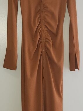 H&M Ruched Button-Front Long Sleeve Dress in Rust